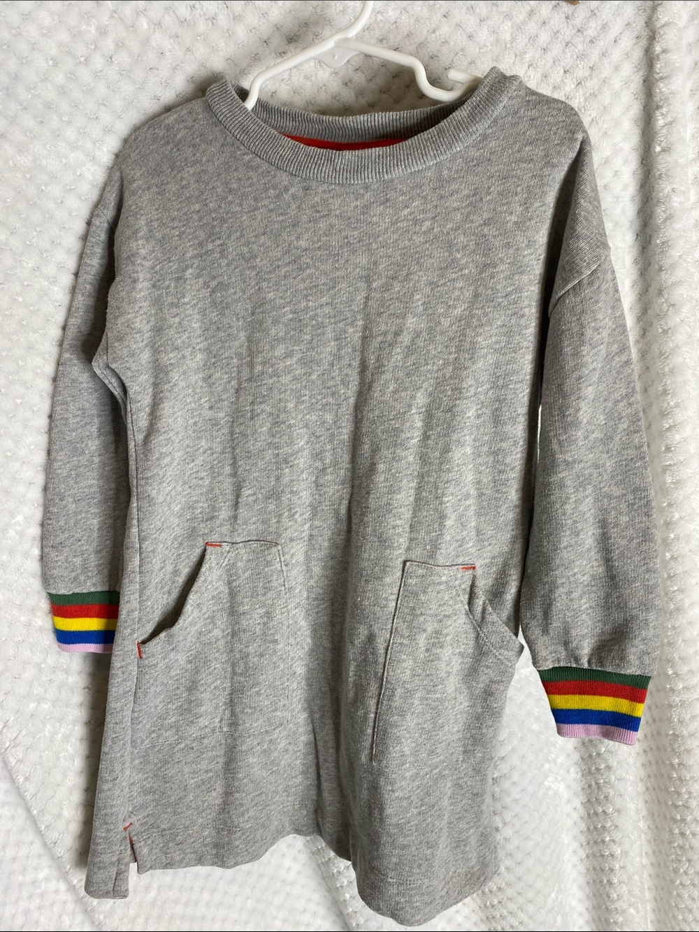 Boden Grey Sweatshirt Dress with Rainbow Stripes and Cuffs